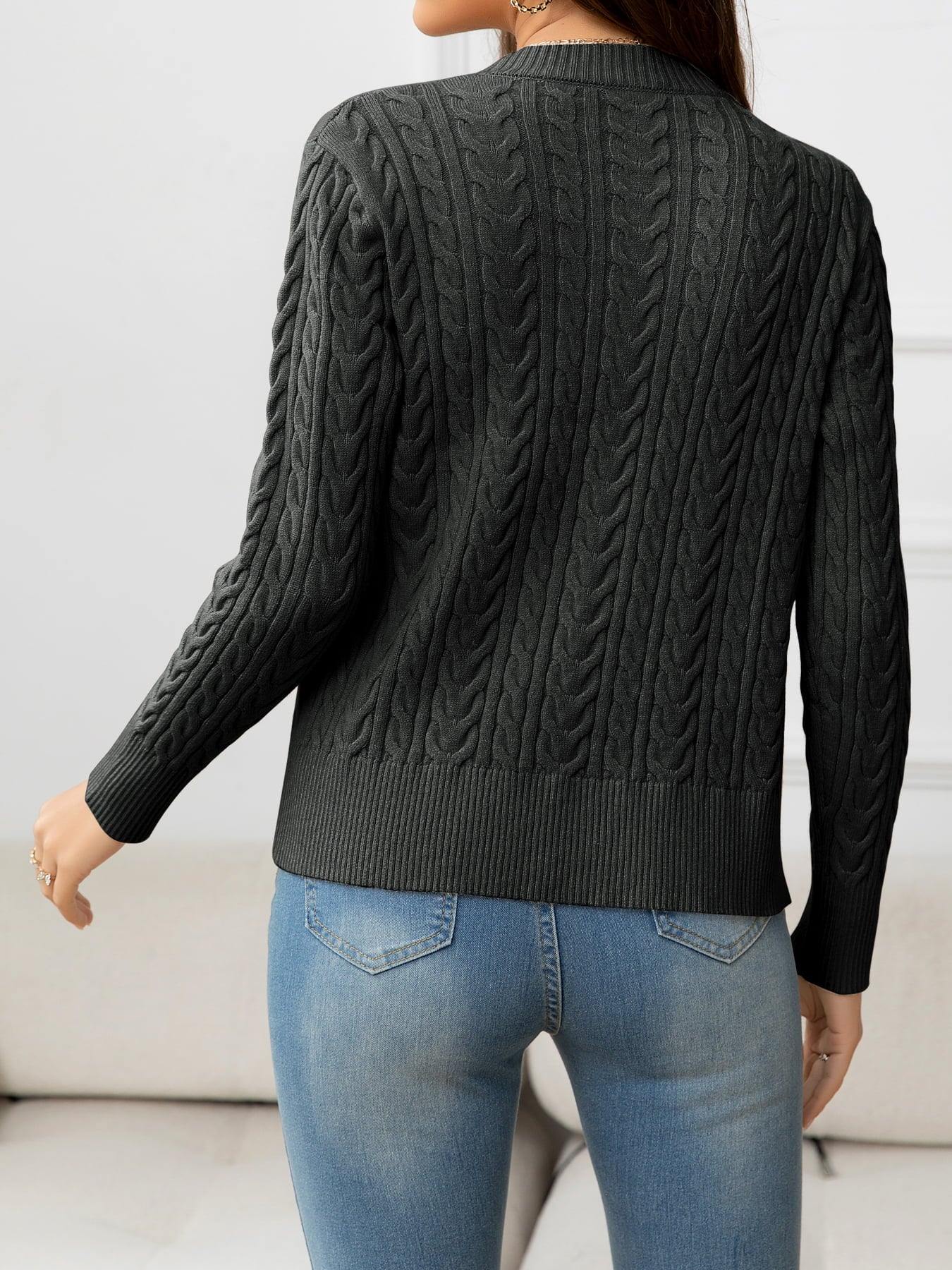 V-Neck Long Sleeve Cable-Knit Buttoned Knit Top - Flyclothing LLC