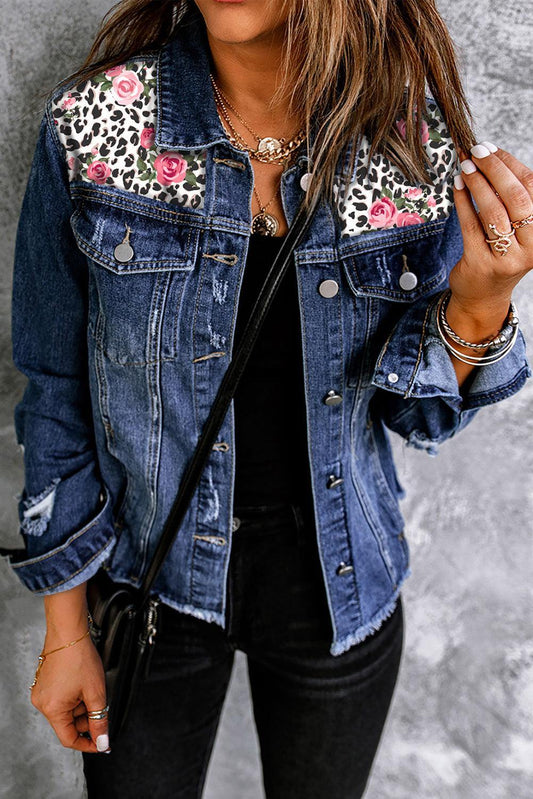 Mixed Print Distressed Button Front Denim Jacket - Flyclothing LLC