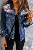 Mixed Print Distressed Button Front Denim Jacket - Flyclothing LLC