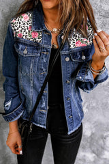 Mixed Print Distressed Button Front Denim Jacket - Flyclothing LLC