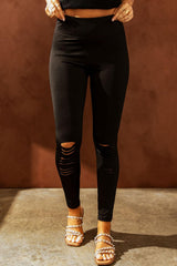 Wide Waistband Distressed Slim Fit Leggings - Flyclothing LLC