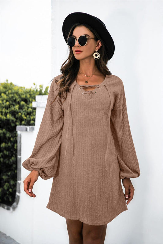 Balloon Sleeve Crisscross Detail Knit Dress - Trendsi