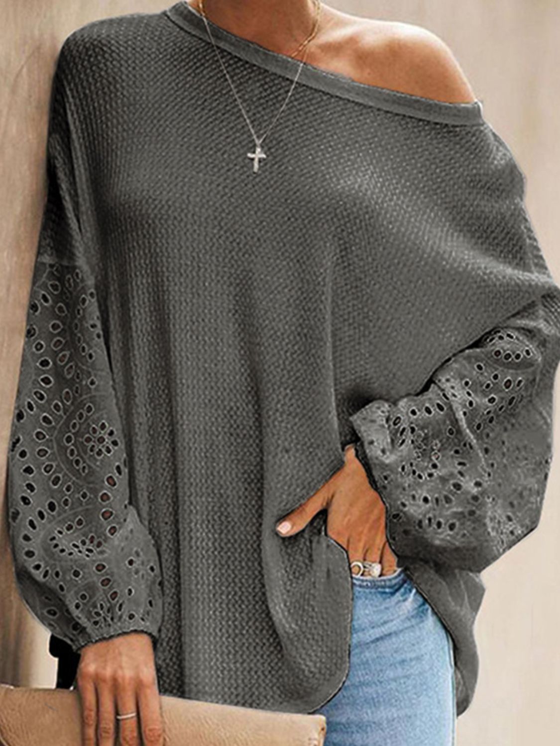 Openwork Dropped Shoulder Boat Neck Blouse - Flyclothing LLC