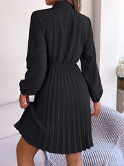 Tie Neck Balloon Sleeve Pleated Dress - Flyclothing LLC