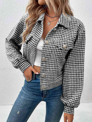 Houndstooth Collared Neck Button Up Jacket - Flyclothing LLC