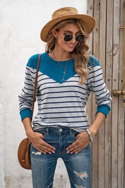 Striped Round Neck Long Sleeve T-Shirt - Flyclothing LLC