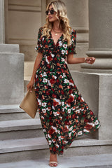 Floral V-Neck Short Flounce Sleeve Dress - Flyclothing LLC