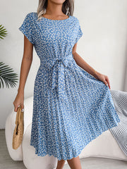 Ditsy Floral Pleated Belted Dress - Flyclothing LLC