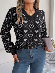 Heart Pattern V-Neck Long Sleeve Sweater - Flyclothing LLC