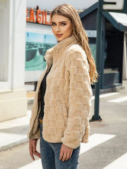 Fuzzy Checkered Zip Up Jacket - Flyclothing LLC