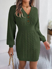 Buttoned Cable-Knit V-Neck Sweater Dress - Flyclothing LLC