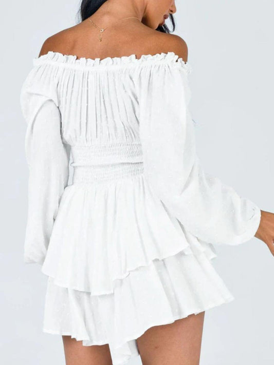 Off Shoulder Smocked Waist Mini Dress - Trendsi