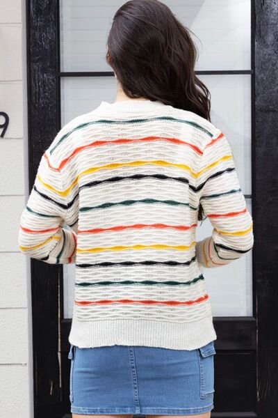 Striped Round Neck Long Sleeve Sweater - Flyclothing LLC