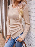 Textured Ruched V-Neck Long Sleeve T-Shirt - Trendsi