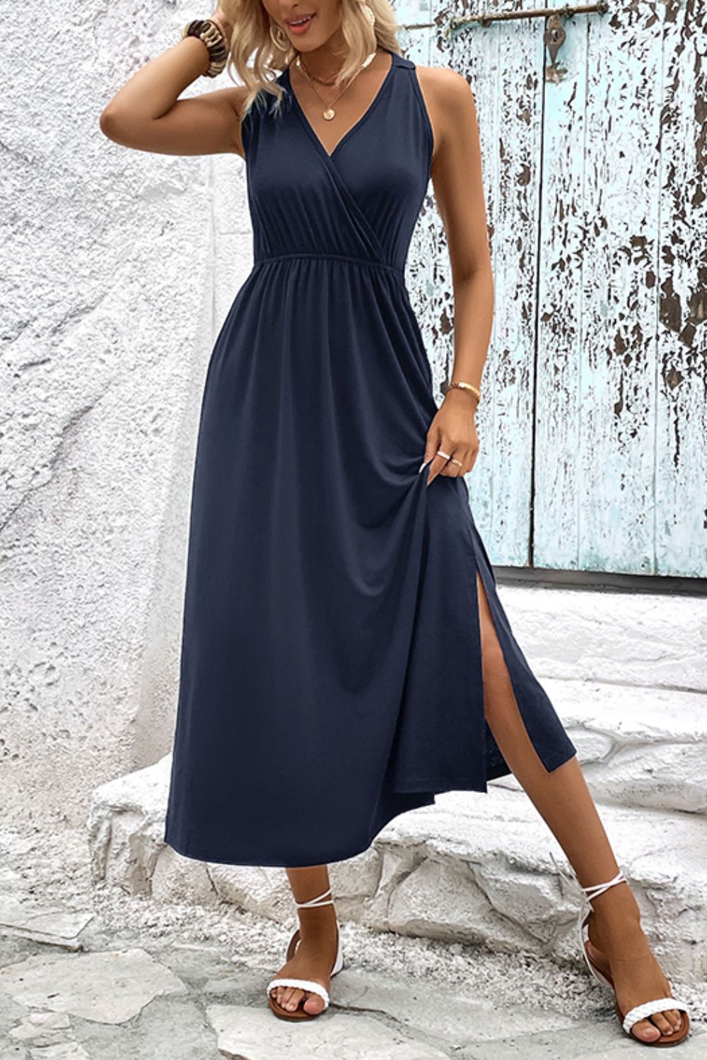 Surplice Neck Slit Sleeveless Dress - Flyclothing LLC