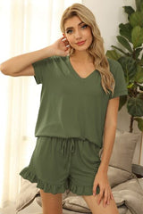 V-Neck Short Sleeve Top and Drawstring Shorts Lounge Set - Flyclothing LLC