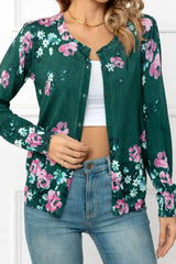 Floral Button Front Round Neck Cardigan - Flyclothing LLC