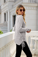 Heathered Drawstring V-Neck Top - Trendsi