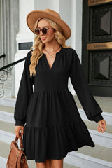 Notched Neck Long Sleeve Mini Dress - Flyclothing LLC