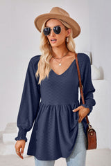 V-Neck Lantern Sleeve Blouse - Flyclothing LLC