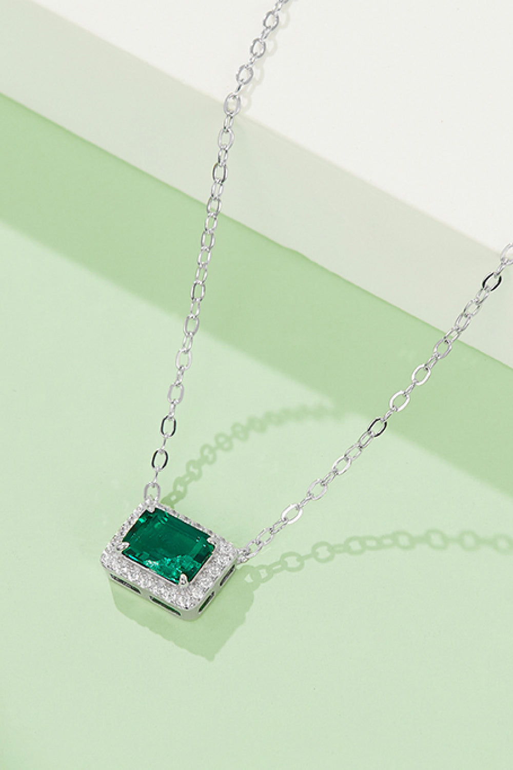 Lab-Grown Emerald Rectangle Pendant Necklace - Flyclothing LLC