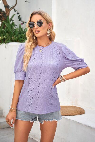 Openwork Round Neck Short Sleeve Blouse - Flyclothing LLC