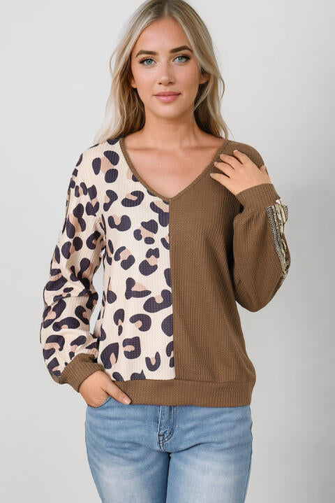 Leopard V-Neck Waffle-Knit Top - Flyclothing LLC