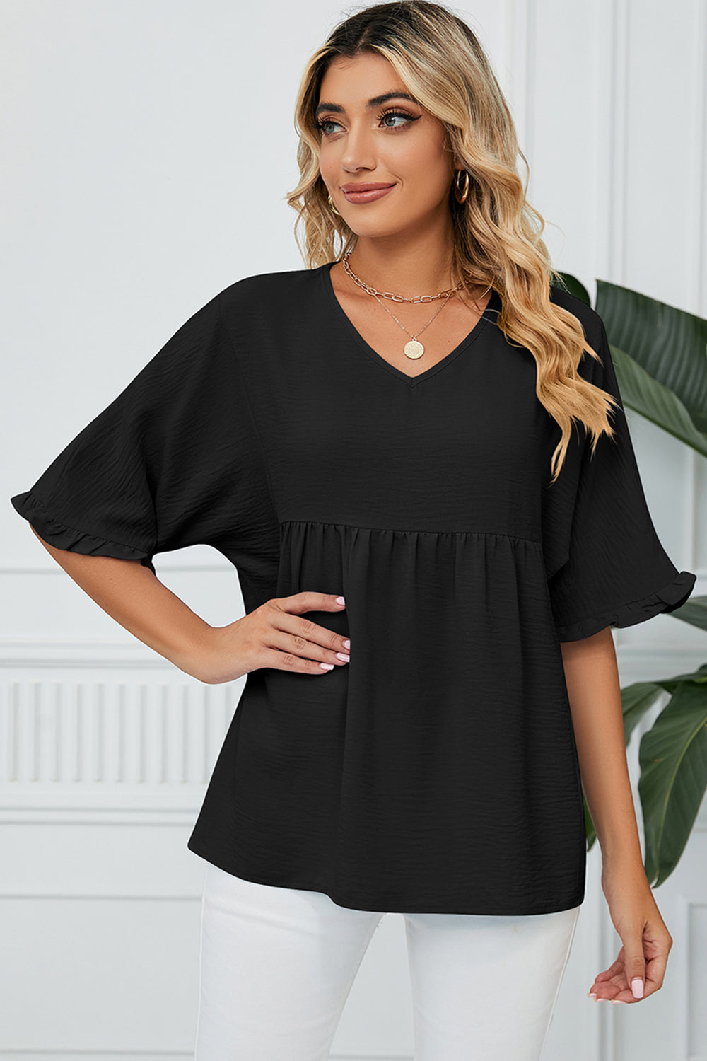 Peplum V-Neck Half Sleeve T-Shirt - Flyclothing LLC