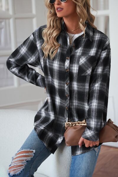 Plaid Button Up Dropped Shoulder Outerwear - Flyclothing LLC