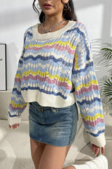 Striped Openwork Dropped Shoulder Sweater - Flyclothing LLC