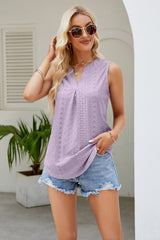 Notched Neck Curved Hem Eyelet Tank - Flyclothing LLC