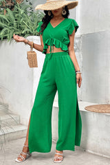 V-Neck Ruffle Hem Top and Slit Pants Set - Flyclothing LLC