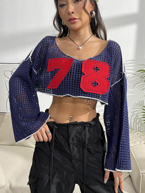 Contrast Patches Long Sleeve Cropped Knit Top - Flyclothing LLC