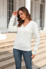 Ribbed V-Neck Dropped Shoulder Knit Top - Trendsi