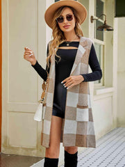 Plaid Lapel Collar Sleeveless Cardigan - Flyclothing LLC