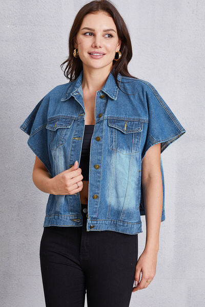 Pocketed Button Up Short Sleeve Denim Top - Flyclothing LLC