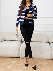 Striped Round Neck Long Sleeve Buttoned Knit Top - Flyclothing LLC