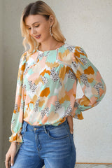 Printed Flounce Sleeve Buttoned Blouse - Flyclothing LLC