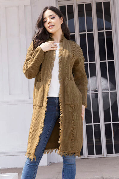 Fringe Trim Open Front Cardigan with Pockets - Flyclothing LLC