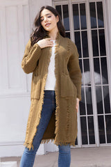 Fringe Trim Open Front Cardigan with Pockets - Flyclothing LLC