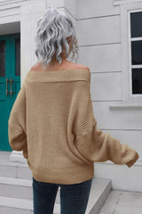 Off-Shoulder Ribbed Long Sleeve Pullover Sweater - Trendsi