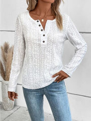 Openwork Half Button Long Sleeve Blouse - Flyclothing LLC