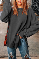 Dropped Shoulder Round Neck Long Sleeve Blouse - Flyclothing LLC