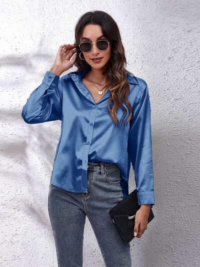 Button Up Collared Neck Long Sleeve Shirt - Flyclothing LLC