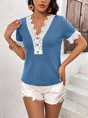 Lace Detail V-Neck Short Sleeve T-Shirt - Flyclothing LLC