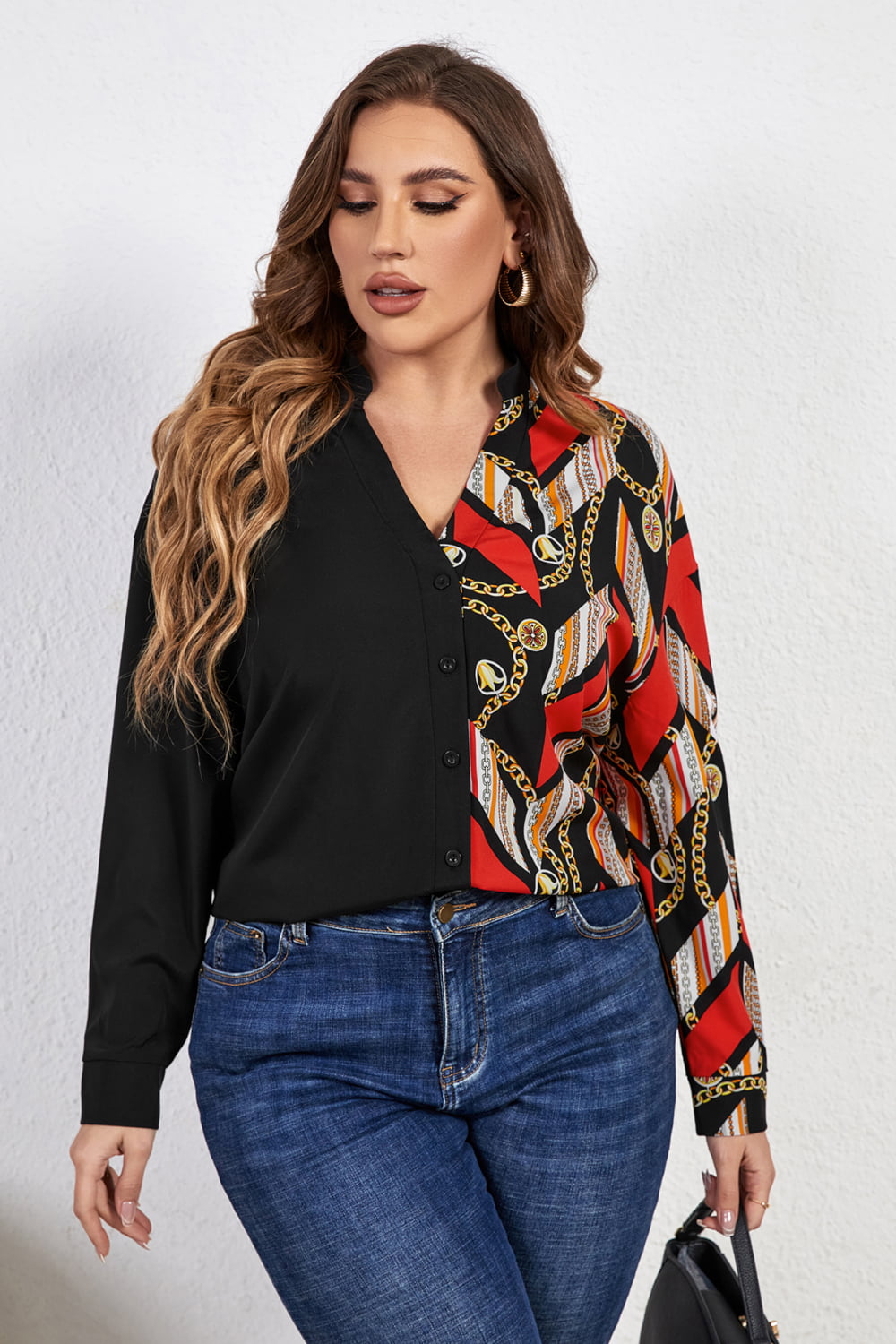 Plus Size Contrast Color Notched Neck Shirt - Flyclothing LLC