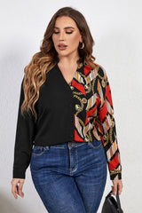 Plus Size Contrast Color Notched Neck Shirt - Flyclothing LLC