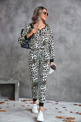 Leopard V-Neck Dropped Shoulder Loungewear Set - Trendsi