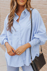 Striped Lantern Sleeve Collared Shirt - Flyclothing LLC