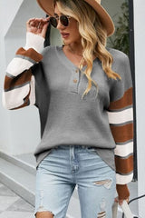 Color Block V-Neck Dropped Shoulder Sweater - Trendsi